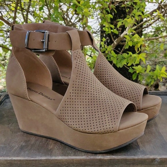 Pierre Dumas Shoes - Womens Wedge Sandals Taupe w/ Ankle Straps